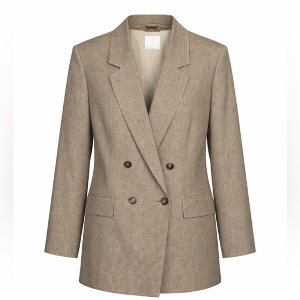 H&M Beige Brown Houndstooth Double Breasted XXL Blazer Oversized Old Money